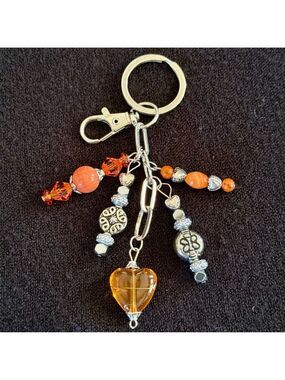 NEW Orange Heart Beaded Crystal Bag Charm Keychain Handmade One of a Kind